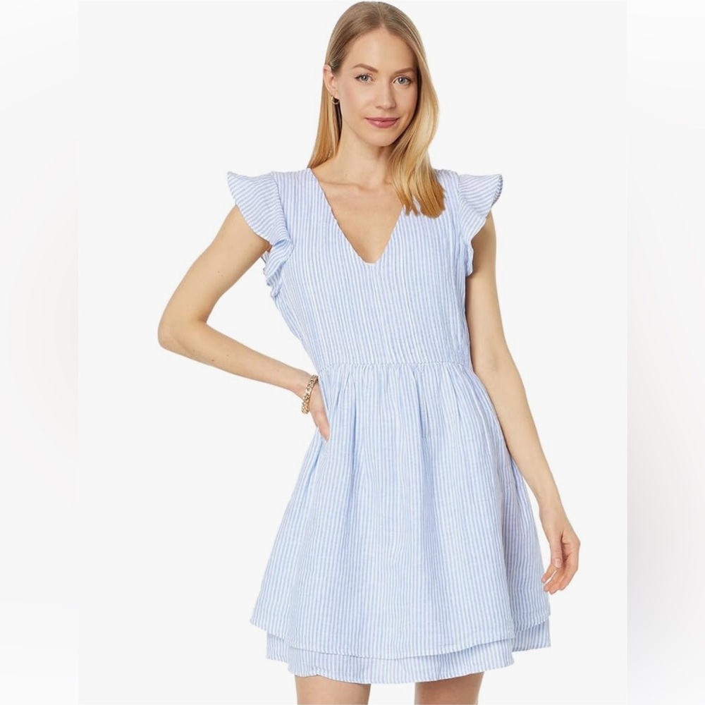 Vineyard Vines 100% Linen Pin Tuck Striped Ruffle-Sleeve Dress Size Large